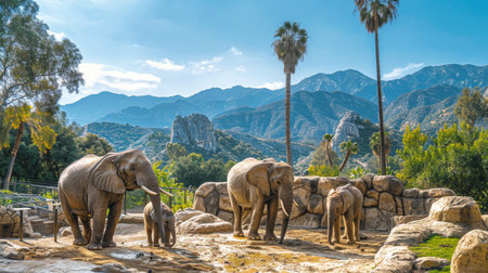 An adult elephant and a baby elephant are standing in a lush forest setting.の素材