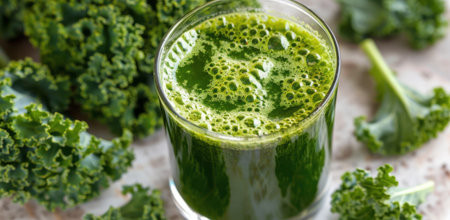 A glass filled with bright green liquid is placed on a table surrounded by fresh broccoli florets.の素材