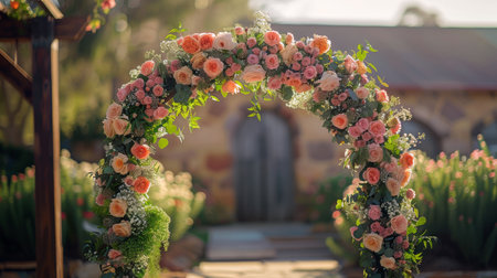 A wedding arch beautifully decorated with various flowers and greenery for a wedding ceremony.の素材
