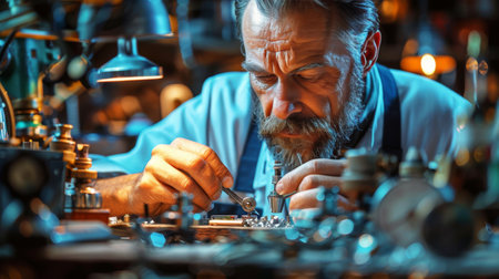 A man is seen working on a piece of glass, carefully cutting and shaping it in a workshop.の素材