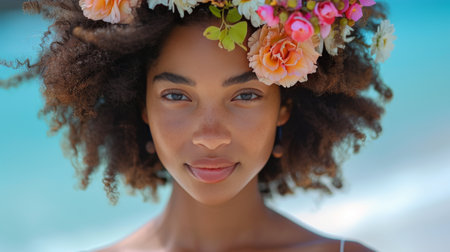 A woman with a flower crown on her head standing outdoors.の素材