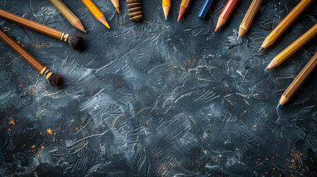 Various colored pencils are neatly arranged on top of a table.の素材