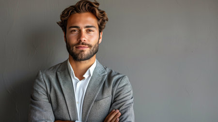 A man with a beard is standing in a plain room.の素材