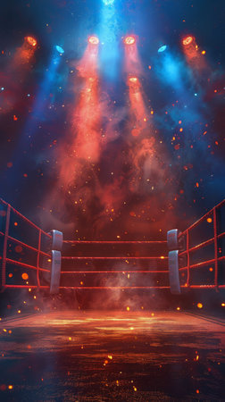 A boxing ring illuminated by bright lights, with smoke billowing out, creating an intense atmosphere.の素材