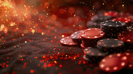 Numerous colorful casino chips stacked on a table.の素材