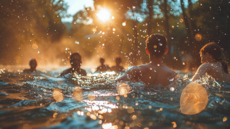 A group of children having fun and playing in a river, splashing, swimming, and laughing together on a sunny day.の素材