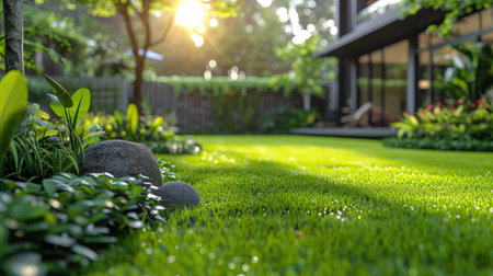 A yard filled with lush green grass, scattered rocks, and various plants creating a natural landscape.の素材