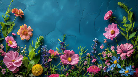 Daisies and assorted flowers grouped together on a blue backdrop.の素材