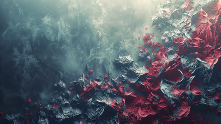 An abstract painting featuring bold red and black colors in swirling patterns and shapes.の素材