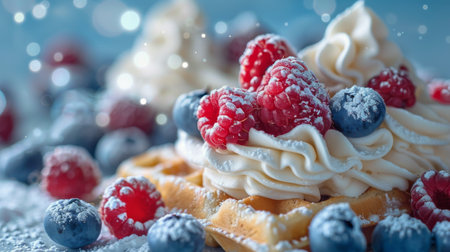 A white plate holding freshly made waffles topped with juicy strawberries, creating a delicious breakfast or brunch meal.の素材