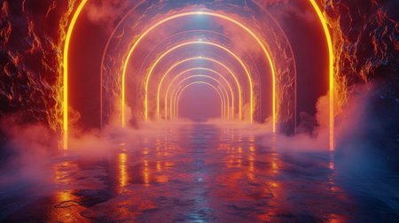 A hallway illuminated by red and pink neon lights creating a vibrant and striking atmosphere.の素材