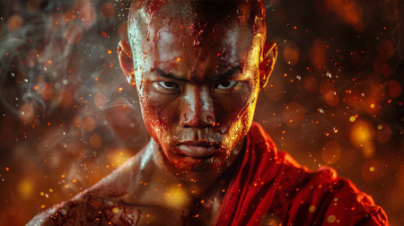 A detailed view of a persons hands clad in red boxing gloves, ready for a fight.の素材