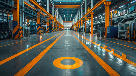 A large warehouse filled with various machines and equipment, showcasing a bustling industrial setting.の素材