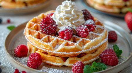A white plate holding freshly made waffles topped with juicy strawberries, creating a delicious breakfast or brunch meal.の素材