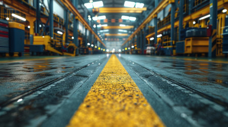 A large warehouse filled with various machines and equipment, showcasing a bustling industrial setting.の素材