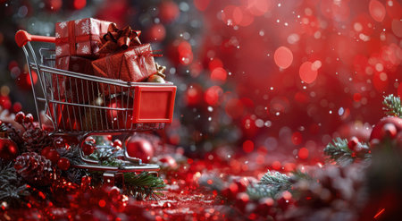 A shopping cart filled with various Christmas presents, wrapped in colorful paper, placed on a wooden table.の素材
