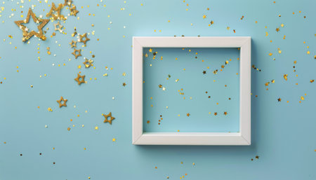 A white frame encircled by glimmering gold stars and colorful confetti, creating a celebratory and festive atmosphere.の素材