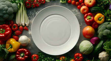 A white plate sits surrounded by an assortment of colorful, fresh vegetables such as tomatoes, cucumbers, carrots, and bell peppers.の素材