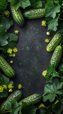 Fresh cucumbers covered in water droplets surrounded by green leaves.の素材
