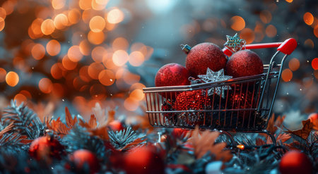 A shopping cart brimming with bright red Christmas ornaments, ready for holiday decorating.の素材