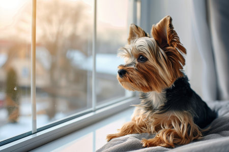 A small dog is perched on a windowsill, gazing outside.の素材