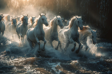 A group of horses galloping across a body of water, creating splashes as they move forward.の素材