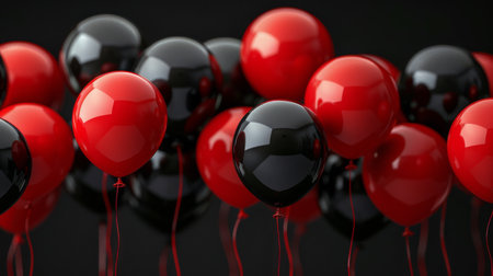 A collection of red and black balloons arranged neatly on a table.の素材