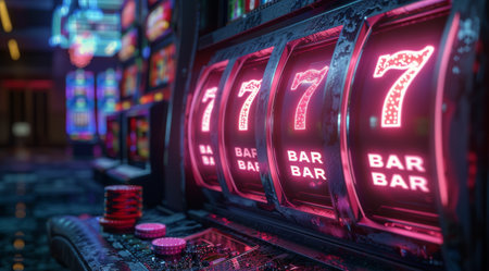 A close-up view of a casino machine adorned with vibrant neon lights, showing the intricate details of its design and technology.の素材