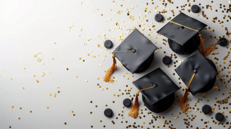 Multiple graduation caps are scattered on a white surface, surrounded by colorful confetti.の素材