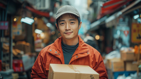 A man wearing an orange jacket is holding a box in his hands.の素材