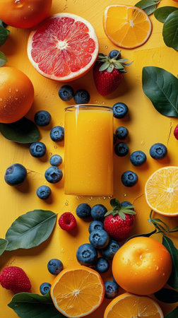 A delicious glass of orange juice sits amidst a variety of fresh fruit, such as oranges, strawberries, and kiwis.の素材
