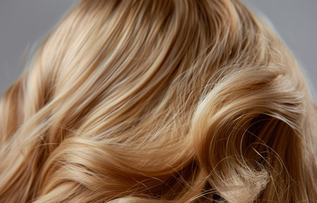A detailed view of blonde hair, showing its texture and color in a close-up shot.の素材
