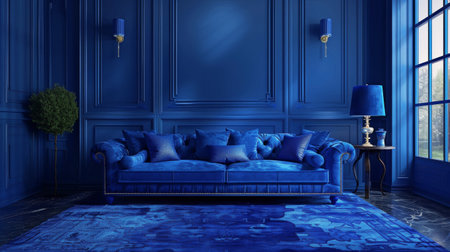 A living room with blue walls and matching furniture, including a sofa, coffee table, and bookshelf. The room is well-lit and inviting.の素材
