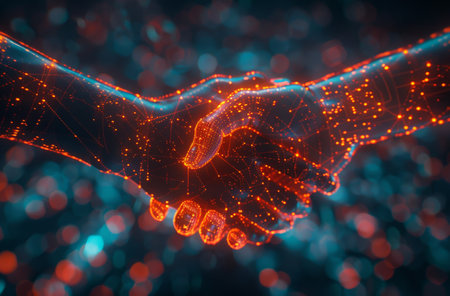 Two individuals engaging in a handshake gesture against a solid blue backdrop.の素材