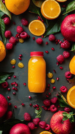A jar of orange juice placed in the midst of various fresh fruits like oranges, lemons, and berries.の素材