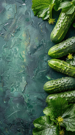 Fresh cucumbers covered in water droplets surrounded by green leaves.の素材