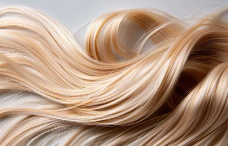 A detailed view of long blonde hair, showing its color, texture, and length.の素材
