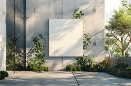 A square mirror is mounted on a concrete wall.の素材