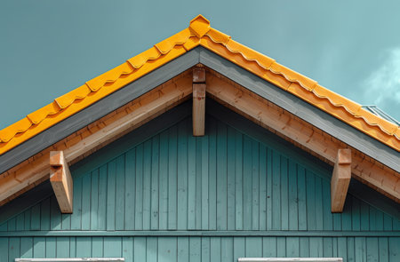 A building painted green with a yellow roof and two windows visible.の素材
