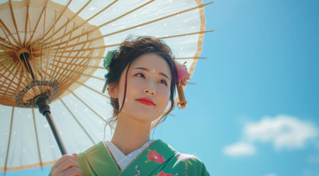 A woman wearing a traditional kimono holds an umbrella outdoors.の素材