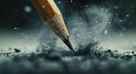 A lone pencil protrudes from the center of a mound of dirt, surrounded by earth and debris.の素材