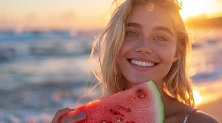 A woman is holding a slice of watermelon in front of her face.の素材