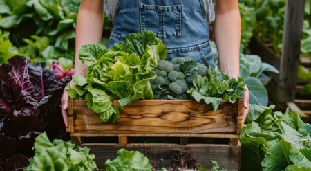 A person holds a box filled with various green plants.の素材