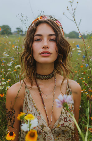 A woman stands among a field of colorful flowers, surrounded by natures beauty.の素材