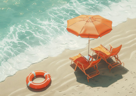 An orange and white umbrella and chair set up on a sandy beach by the ocean.の素材