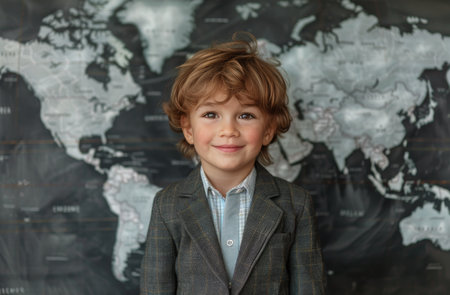 A young boy wearing a suit and tie is standing in front of a large world map, looking focused and curious.の素材