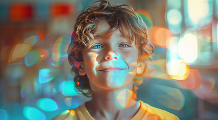 A young boy smiling happily with a blurred background behind him.の素材