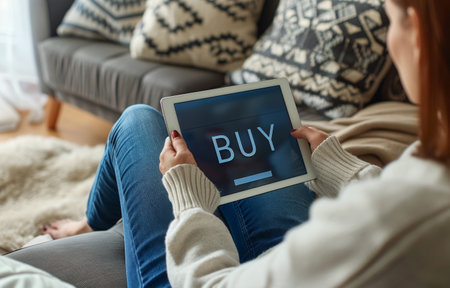 A person sitting comfortably on a couch, using a tablet device.の素材