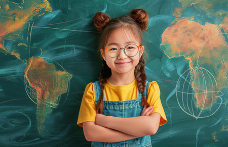A young girl wearing glasses stands in front of a world map, gazing at the different countries and continents with curiosity and interest.の素材
