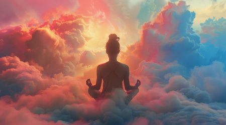 A painting depicting a woman in a meditative pose floating among fluffy clouds in the sky.の素材
